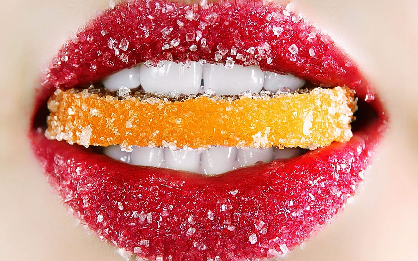lábios doces, dentes, açúcar, lábios, laranja papel de parede HD