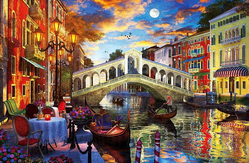Ponte Rialto, Veneza, canal, luminária, barcos, casas, cadeira, mesa, restaurante, obra de arte, digital, flores papel de parede HD