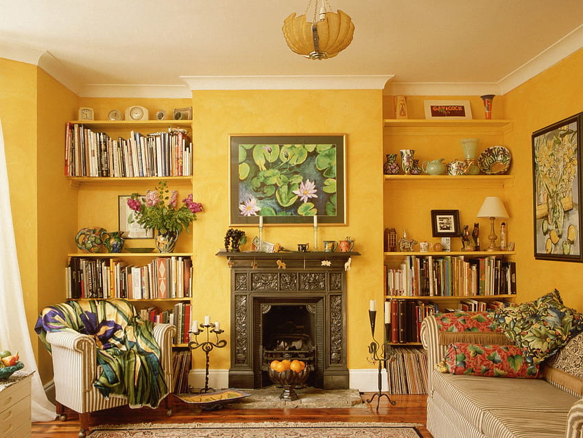 Books, , , Table, Sofa, Shelves, Fireplace HD wallpaper