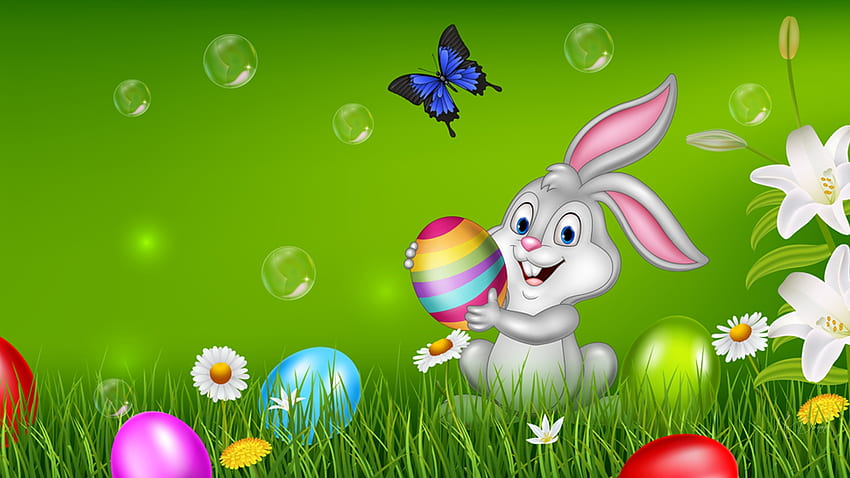 Dumny zając wielkanocny, Wielkanoc, uroczy, trawa, mlecze, stokrotki, króliczek, pisanki, motyl, kwiaty, bąbelki, lilie, królik Tapeta HD