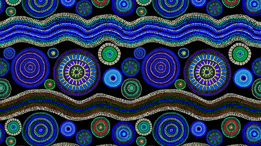 驚くほど美しいアボリジニのドット アート + 土着の太鼓音楽、青と紫のアート 高画質の壁紙