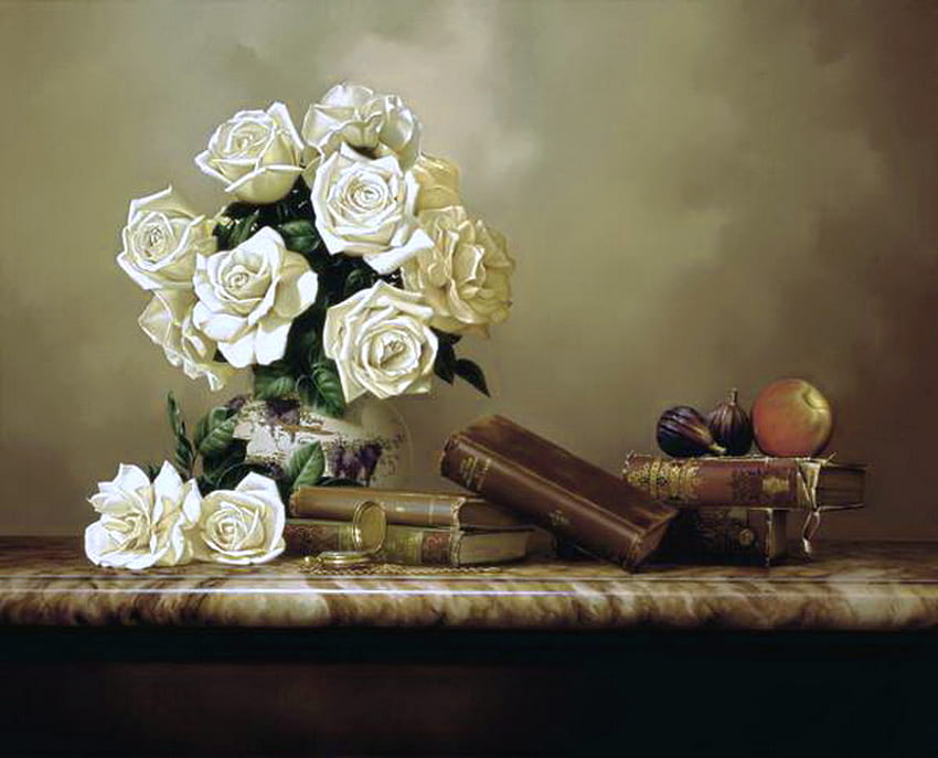 The Classics, libros, clásicos, mesa, blanco, rosas, fruta. fondo de pantalla