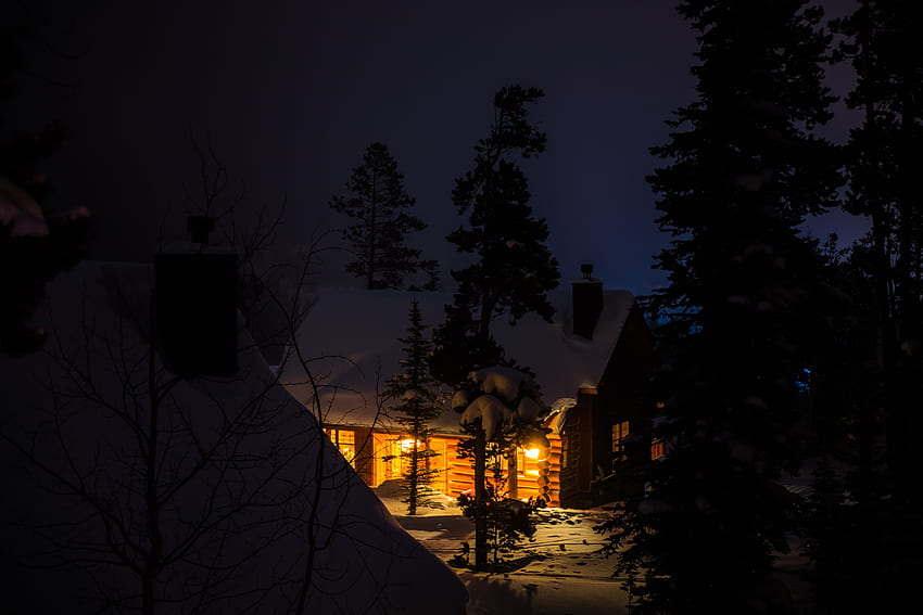 Winter, Nature, Trees, Night, Snow, Forest, Small House, Lodge HD wallpaper