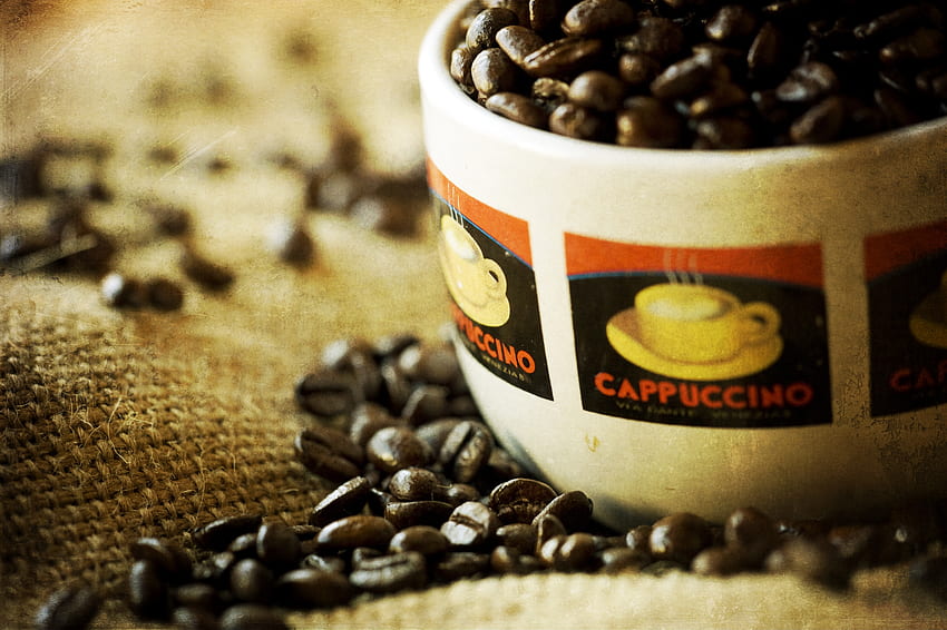 Lebensmittel, Kaffee, Tasse, Getreide, Tasche, Cappuccino, Getreide, Sack HD-Hintergrundbild