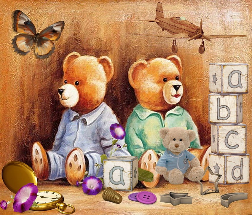 Baby Teddys, abc, marrom, urso, pelúcia, flor, jogo papel de parede HD