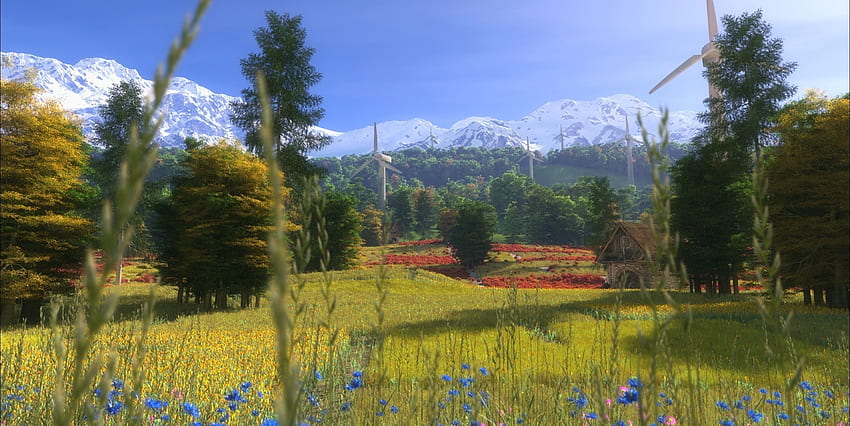 Nature, Flowers, Trees, Grass, Art, Mountains, Summer, House, Windmills HD wallpaper
