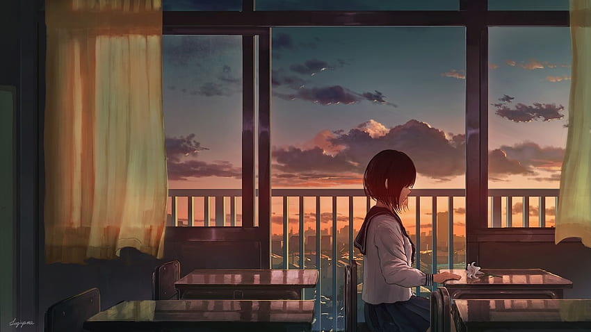 Anime School Girl, Crying, Classroom, Clouds, Sunset, Scenic, Flower HD ...