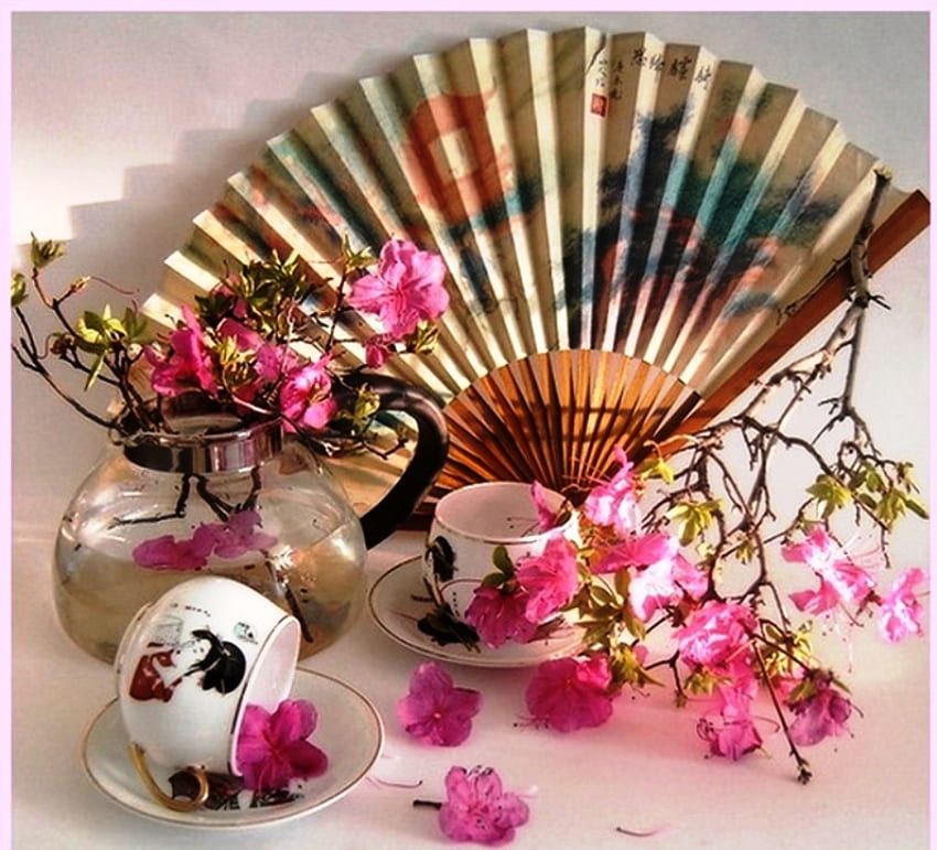 茶道、色彩、ティータイム、写生、お茶、生け花、うちわ、ピンク、花柄、お茶碗、伝統、春の美花、磁器 高画質の壁紙