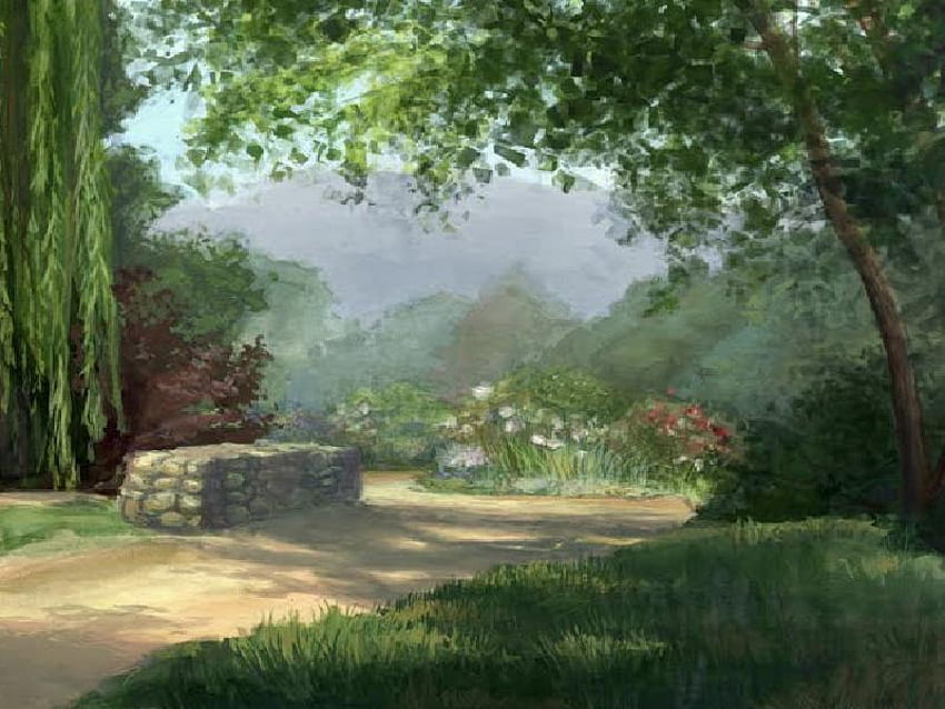 Ruhe Ort, Weg, Steinstrand, Blumen, Gras, Schönheit, Weidenbaum, Baum HD-Hintergrundbild