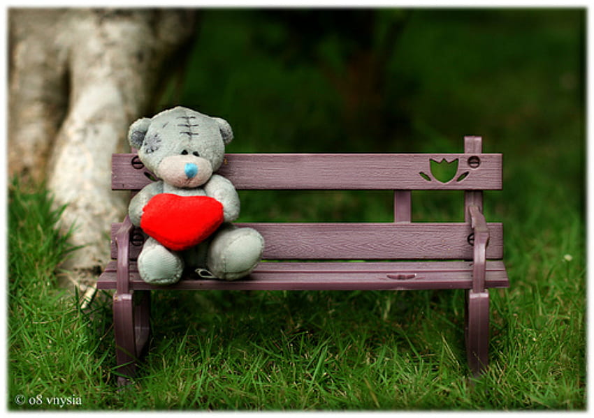 ON A PARK BENCH, bench, teddy, heart, park HD wallpaper