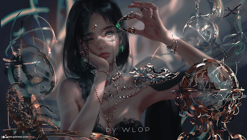Aeolian Black Hair WLOP Schulterlanges Haar Menschen Fantasy Girl Fantasy Art Ling Feng - Resolution: HD-Hintergrundbild