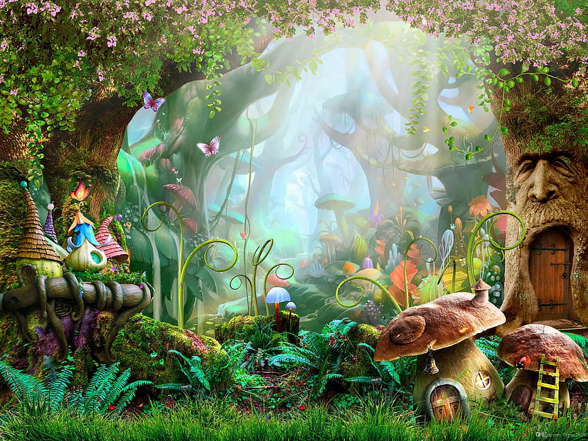 Magic Forest Trees Fairy Castle Cartoon Vinyl-Hintergründe Pilzblumen Standhintergrund für Chil. Waldkulissen, Burgkarikatur, Kulissen HD-Hintergrundbild