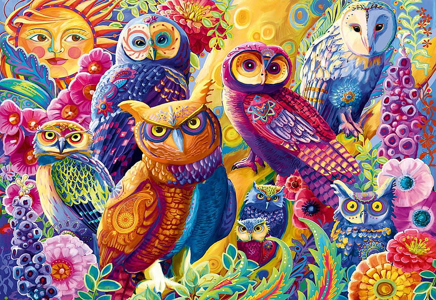 Owl Autonomy, colors, owls, painting, group HD wallpaper