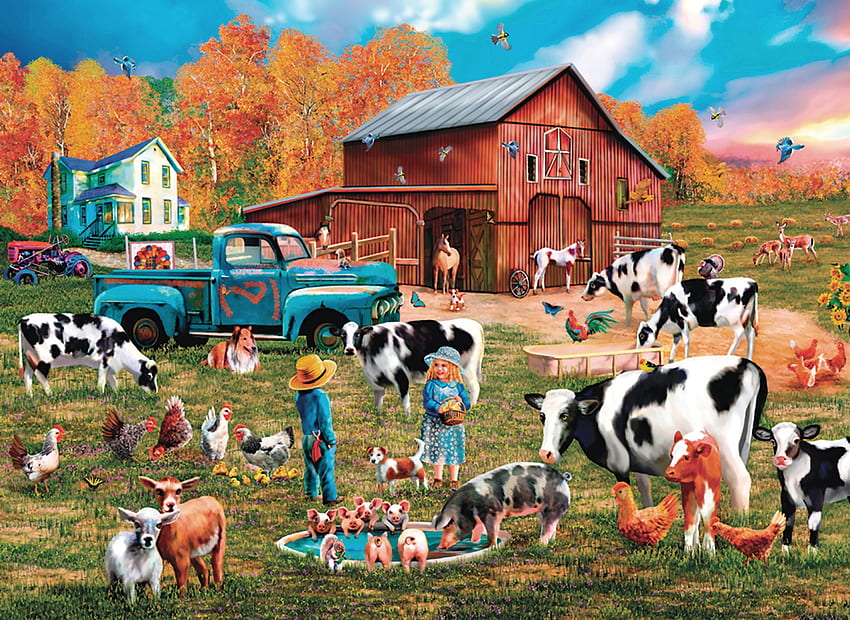 Autumn Sundown on the Farm F2Cmp, bovino, arte, paesaggio, fattoria, bellissimo, opera d'arte, scenario, schermo panoramico, maiali, cavalli, mucche, pittura, collie, cervo, equino, polli Sfondo HD