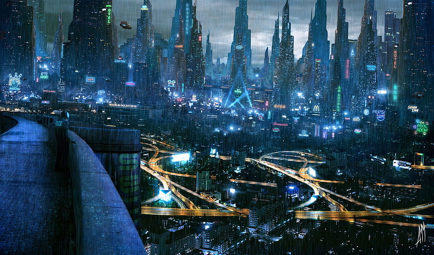 サイバーパンク Sci Fi 都市 未来的なライト 芸術的な Cg デジタル アート 絵画 エアブラシの背景と 高画質の壁紙