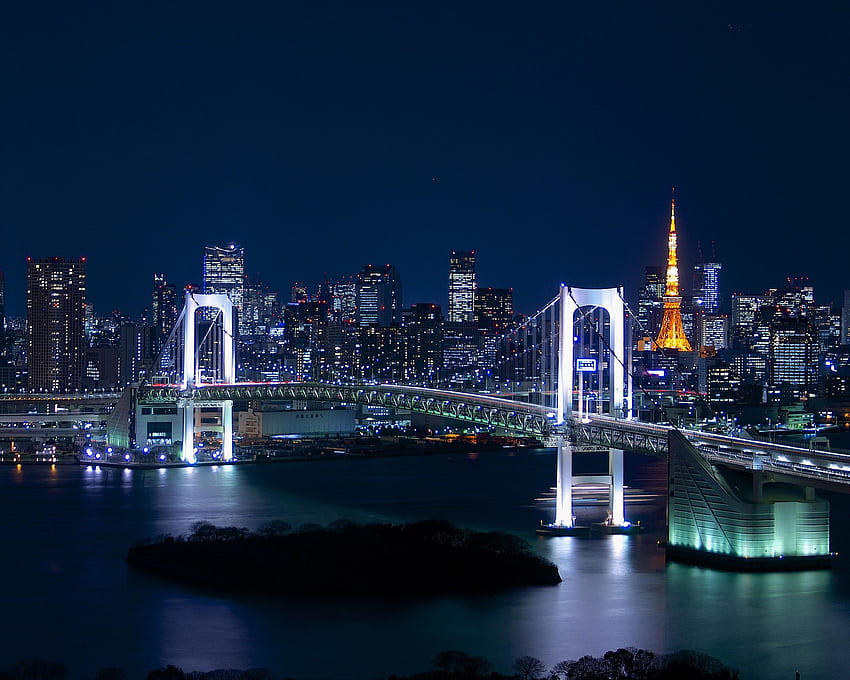 日本、東京、街並み、街の明かり、東京タワー、レインボー、レインボーブリッジ 高画質の壁紙