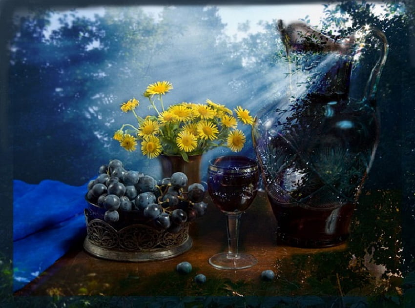 Imagination, sunlight, grapes, goblet, vase, beautiful, fruits, silk, yellow, streaming, flowers HD wallpaper