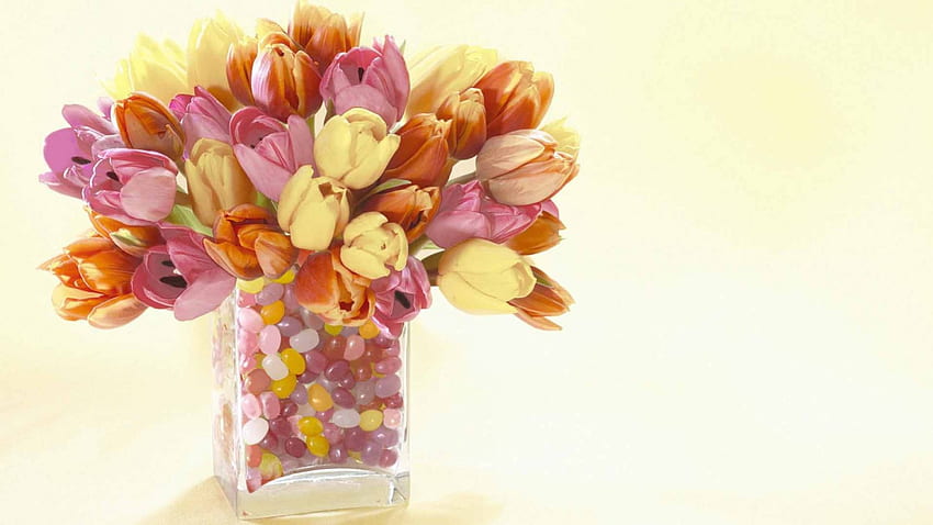 Лалета, цветя, ваза, желирани зърна HD тапет