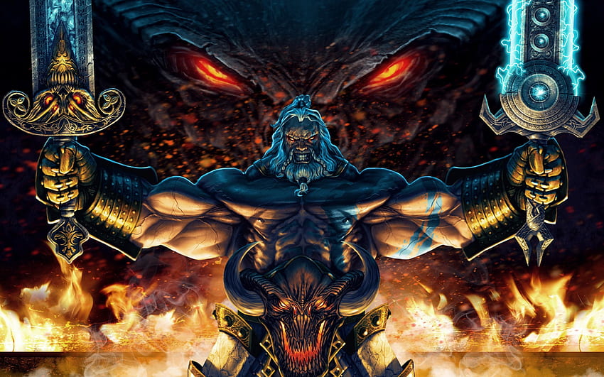 Barbarian, blue, sword, horns, man, diablo III, red eyes, demon, fantasy, dragon, game, creature, fire HD wallpaper