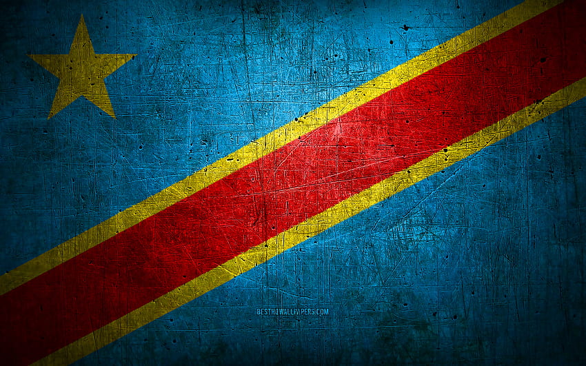 Democratic Republic of Congo metal flag, grunge art, African countries, Day of DRC, national symbols, Democratic Republic of Congo flag, metal flags, Flag of DRC, Africa, Democratic Republic of Congo HD wallpaper