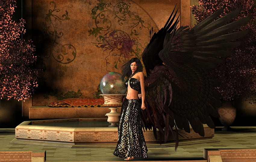 Angel, wings, globe, dress, water, pond HD wallpaper
