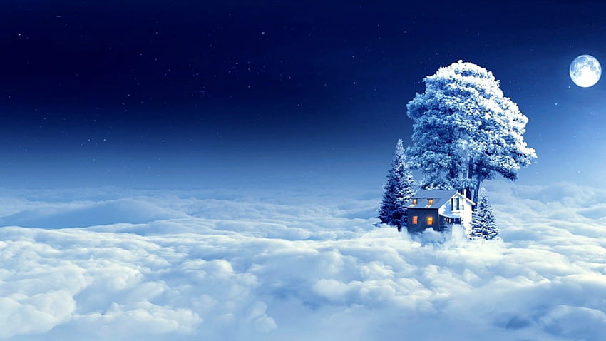 Hogar en el cielo, noche, azul, magia, casa, colores, pacífico, hermoso, árbol, luna, fantasía, mágico, luces, nubes, asombroso, hogar fondo de pantalla