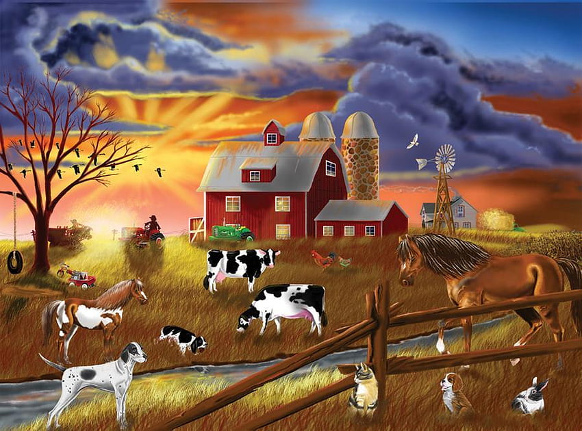 Green Acres, cavallo, cani, gatti, galline, trattore, sole, mulino a vento, fienile, conigli, fattoria, altalena, raggio di sole, tempestoso, alberi di campagna, maiali, nuvole, bestiame Sfondo HD