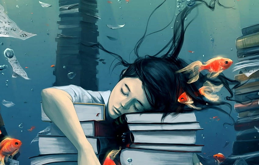 water, fish, dreams, bubbles, calm, study, books, sleep, Study Girl HD wallpaper