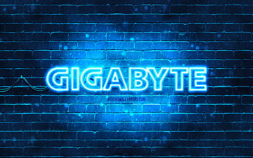 โลโก้ Gigabyte สีน้ำเงิน, ผนังอิฐสีน้ำเงิน, โลโก้ Gigabyte, แบรนด์, โลโก้ Gigabyte นีออน, Gigabyte วอลล์เปเปอร์ HD