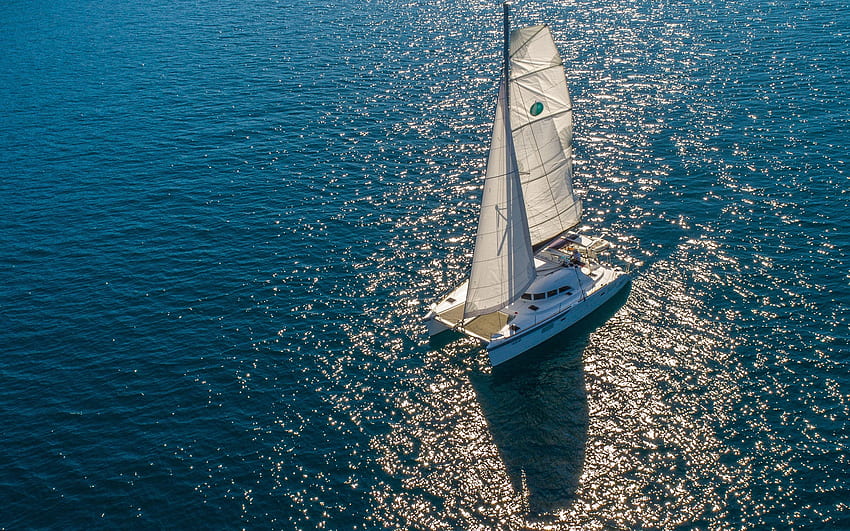 Sailing catamaran, Lagoon 380, sea, sailboat at sea, catamaran, evening, sunset, white yacht HD wallpaper