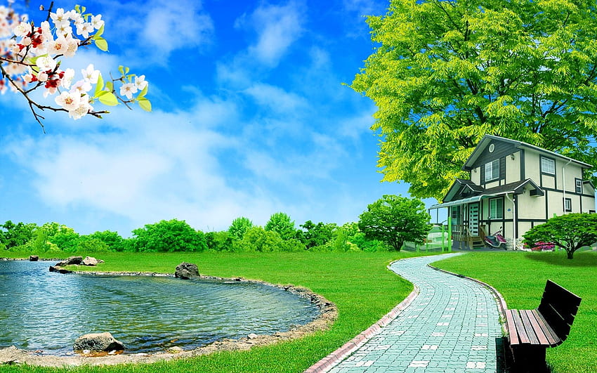 cielo, laguna, cortile, erba verde, fiori, bellissimo, motocicletta, primavera, alberi, casa, sentiero, automobile Sfondo HD
