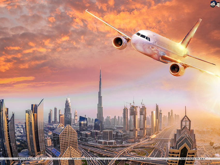 Birleşik Arap Emirlikleri'nde renkli gün batımına karşı Dubai üzerinde uçan bir uçak, Pink Airplane HD duvar kağıdı