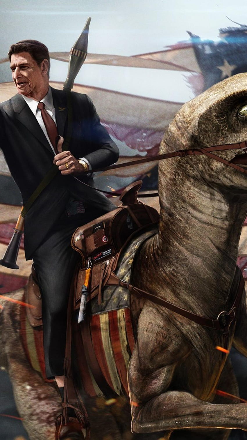 ronald reagan riding a velociraptor 1920x1080