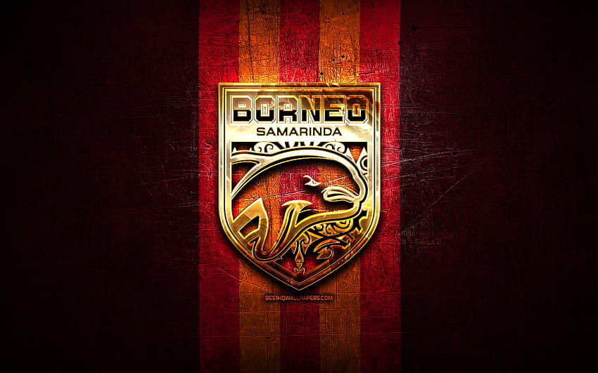 Borneo FC, goldenes Logo, Indonesien Liga 1, roter Metallhintergrund, Fußball, isländischer Fußballverein, Borneo Samarindalogo, Fußball, Borneo Samarinda HD-Hintergrundbild