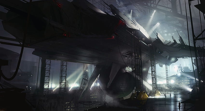 Ilustración de nave espacial gris, ciencia ficción, construcción. fondo de pantalla