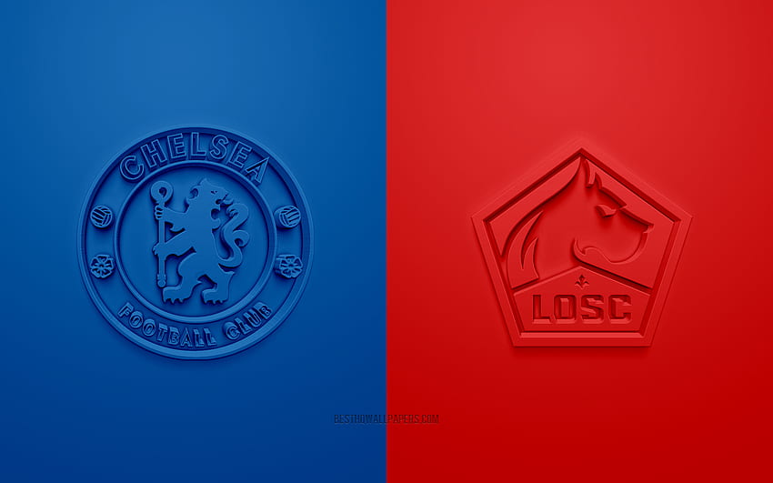 Chelsea FC vs LOSC Lille, 2022, Ligue des Champions de l'UEFA, Huitième de finale, logos 3D, fond bleu rouge, Ligue des Champions, match de football, Ligue des Champions 2022, Chelsea FC, LOSC Lille Fond d'écran HD