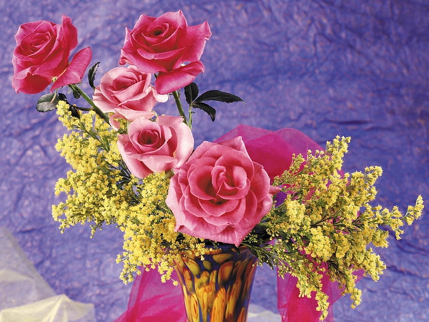 Flowers, Roses, Vase, Mimosa, Mimosas HD wallpaper