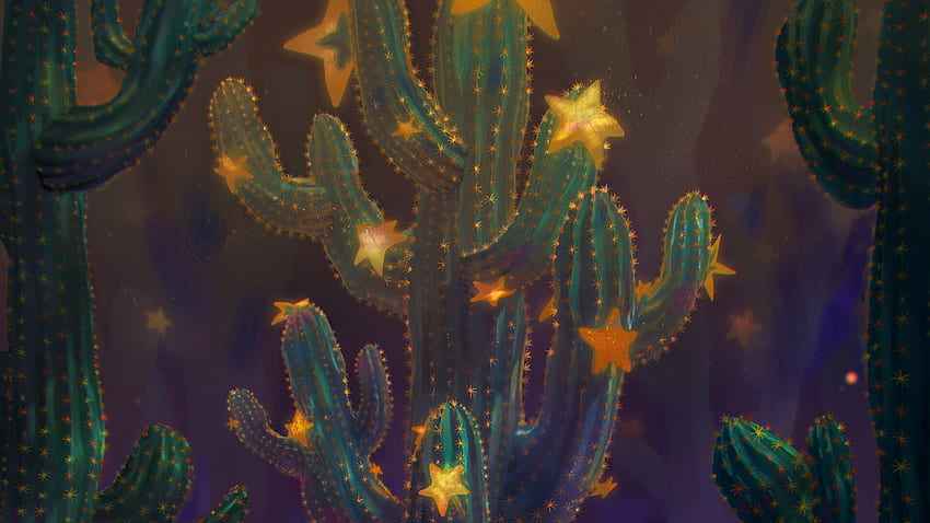 Harvest (detail), star, fantasy, yellow, green, ameera sheikh, luminos, cactus, dark HD wallpaper