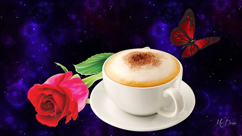 Cappacinio and Red Rose, cappacino, butterfly, break, coffee, flowers, red rose, blossom HD wallpaper