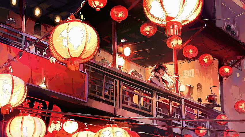 Japanese Building, Anime Girl, Lanterns, Horns, Scenic for U TV HD wallpaper