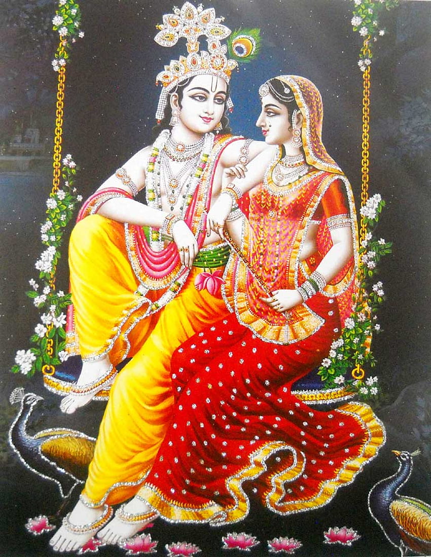 Póster de Radha Krishna On Swing/ Póster de dios hindú con purpurina -reimpresión – Artesanía de la India fondo de pantalla del teléfono