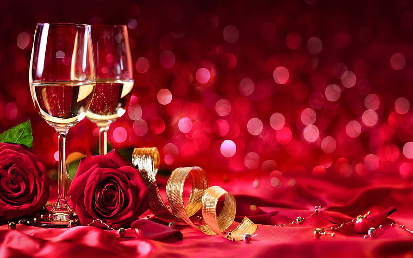 Saint Valentin Célébration Romantique Deux Verres Avec Vin Blanc Roses Rouges Fond Rouge Amour, Vin Rouge Et Blanc Fond d'écran HD