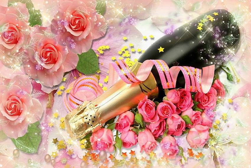 Sweet & Cheerful Valentines, holidays, beloved valentines, champagne, graphy, ribbons, petals, pearls, sweet, roses, attractions in dreams, other, weird things people wear, beautiful, creative pre-made, bottle, love four seasons, love, softness beauty, romantic, lovely HD wallpaper