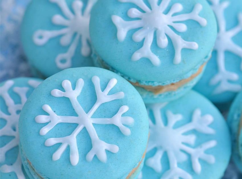 Macarons, süß, blau, Schneeflocke, Schneeflocken, Süßigkeiten, Macaron HD-Hintergrundbild