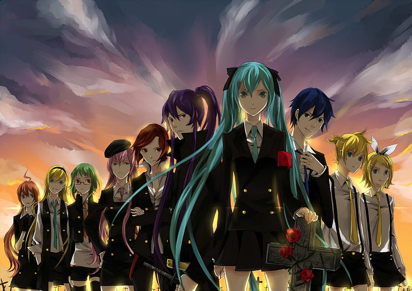 The Vocaloid Crew, suits, crew, hatsune miku, rin and len kagamine, vocaloid, people, team, anime, group, megurine luka HD wallpaper