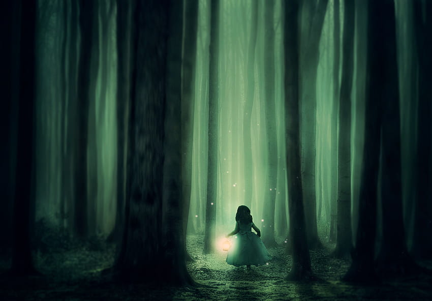 : girl, trees, fog, lantern, mood, atmosphere, mysterious, dark, luminous, fireflies, mystical, cover, dreamy, fairytale, adventure, person, alone, uncertain, montage, child, nature, green, darkness, light, water, old growth forest, Mystery Girl HD wallpaper