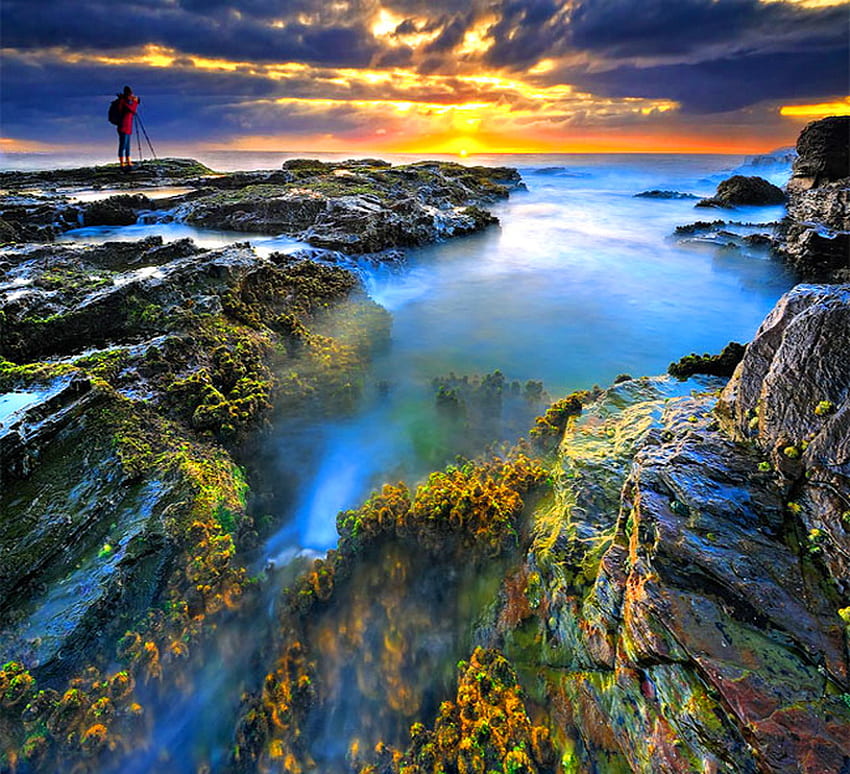 VIEW, blue, man, camera, moss, clouds, rocks, sunset, ocean HD wallpaper