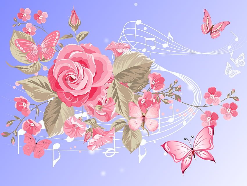 Montón de mariposas, mariposas, flores, felicidad, rosa fondo de pantalla