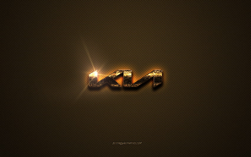 Logo doré Kia, ouvrages d'art, fond métallique marron, emblème Kia, créatif, logo Kia, marques, Kia Fond d'écran HD