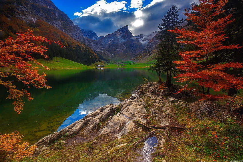 Планинско езеро в ранна есен, хълмове, есен, красиво, спокойствие, спокойствие, планина, езеро, отражение, гледка, есен HD тапет